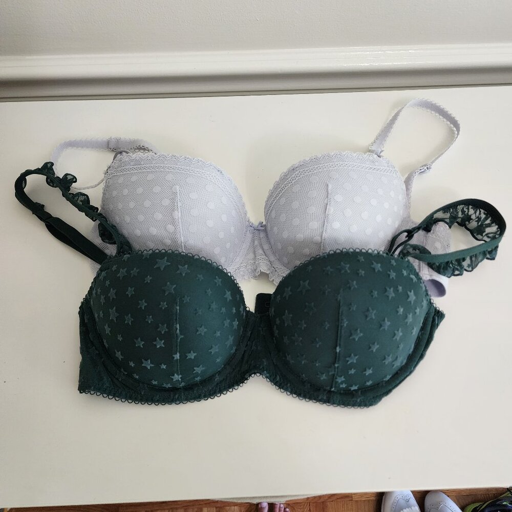 PINK Victoria's Secret Push Up Balconette Bra | 32 C | Polka Dots Stars Lace EUC